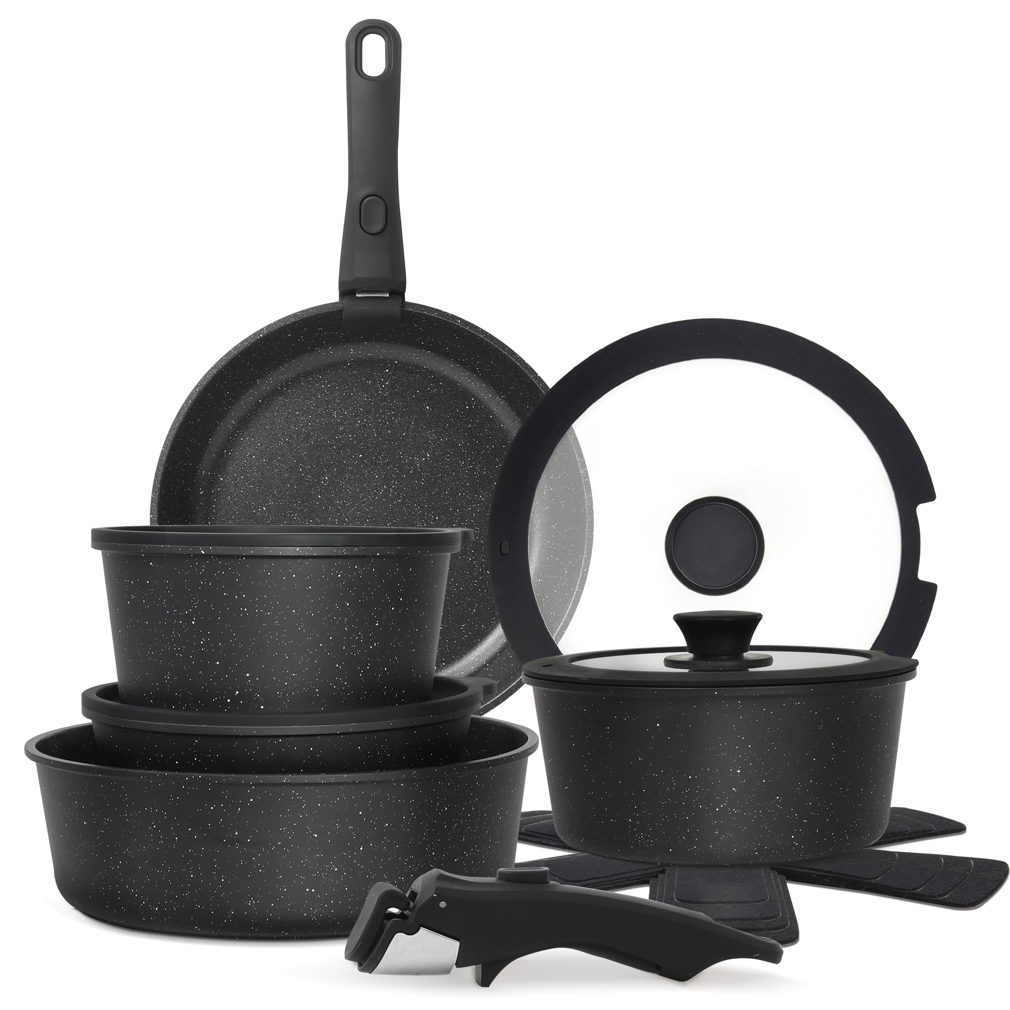 Cuisinluv 15PCS Pots and Pans Set Non Stick Kitchen Cookware Sets with Detachable Handle Ceramic Cookware Sets Non Stick RV Cookware Cooking Set Dishwasher ＆ Oven Safe PFOA Free Black