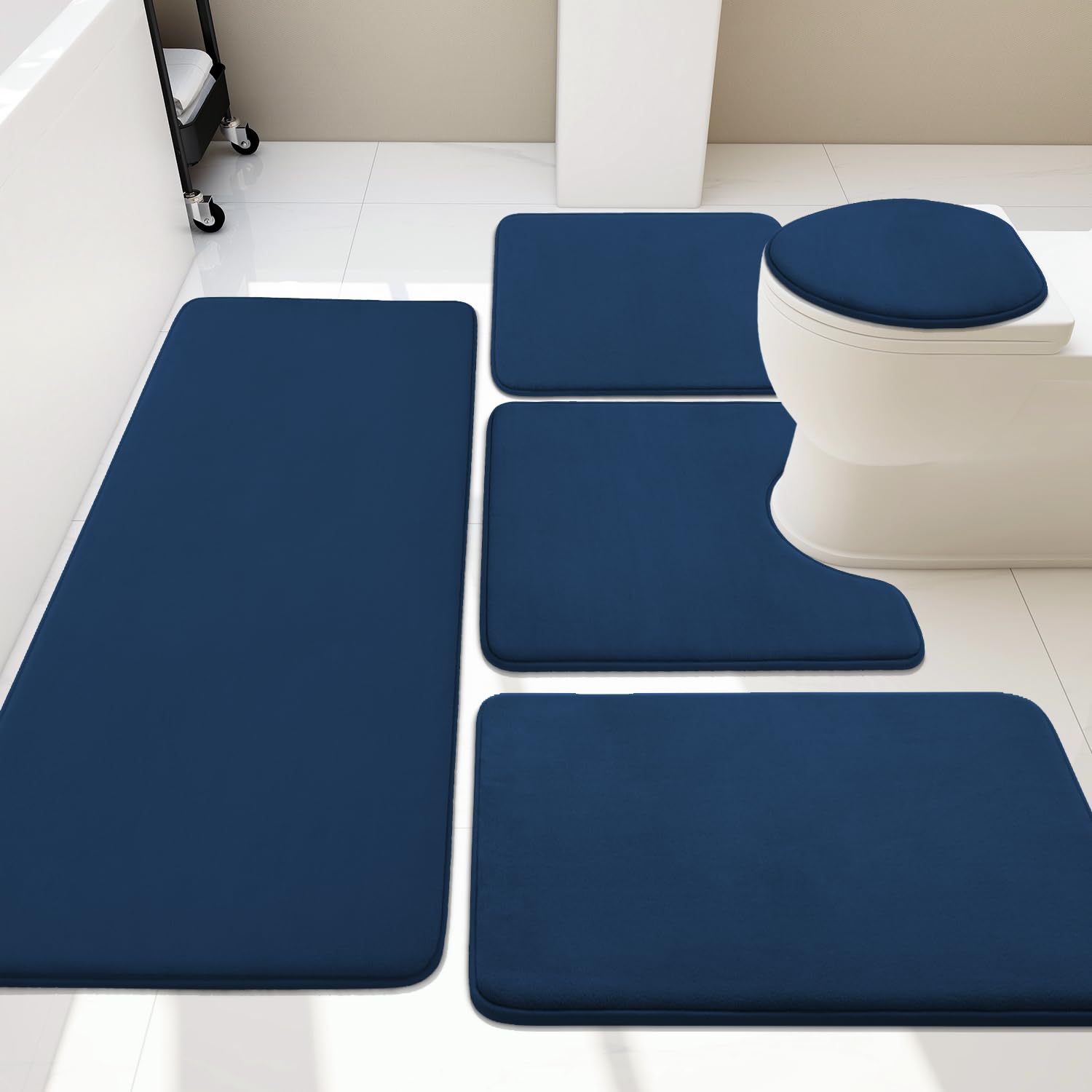 YIHOUSE Bathroom Rug Set 5 Piece Memory Foam Bath Mat Set Super Absorbent Bath Mats for Bathroom - Non-Slip & Washable Bathroom Rugs - Dry Quickly Bath Rugs Dark Blue Bathroom Rug Set