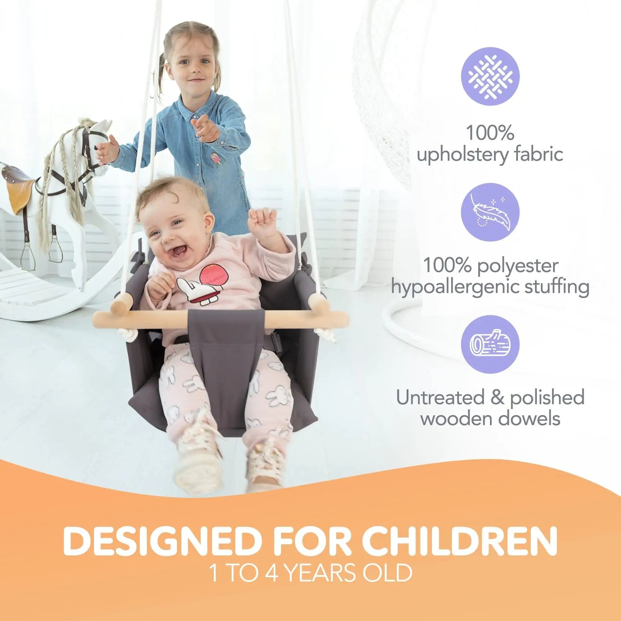 Dark Gray Canvas Baby Swing Wooden Hanging Swing Seat Chair with Safety Belt Durable Baby Swing Chair Outdoor and Indoor Swing for Kids Mounting Hardware Included Dark Gray