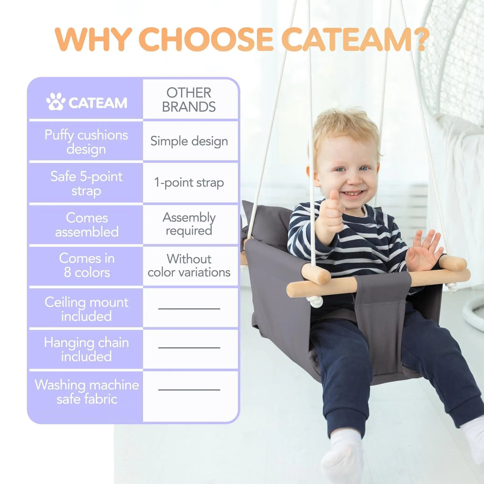 Dark Gray Canvas Baby Swing Wooden Hanging Swing Seat Chair with Safety Belt Durable Baby Swing Chair Outdoor and Indoor Swing for Kids Mounting Hardware Included Dark Gray