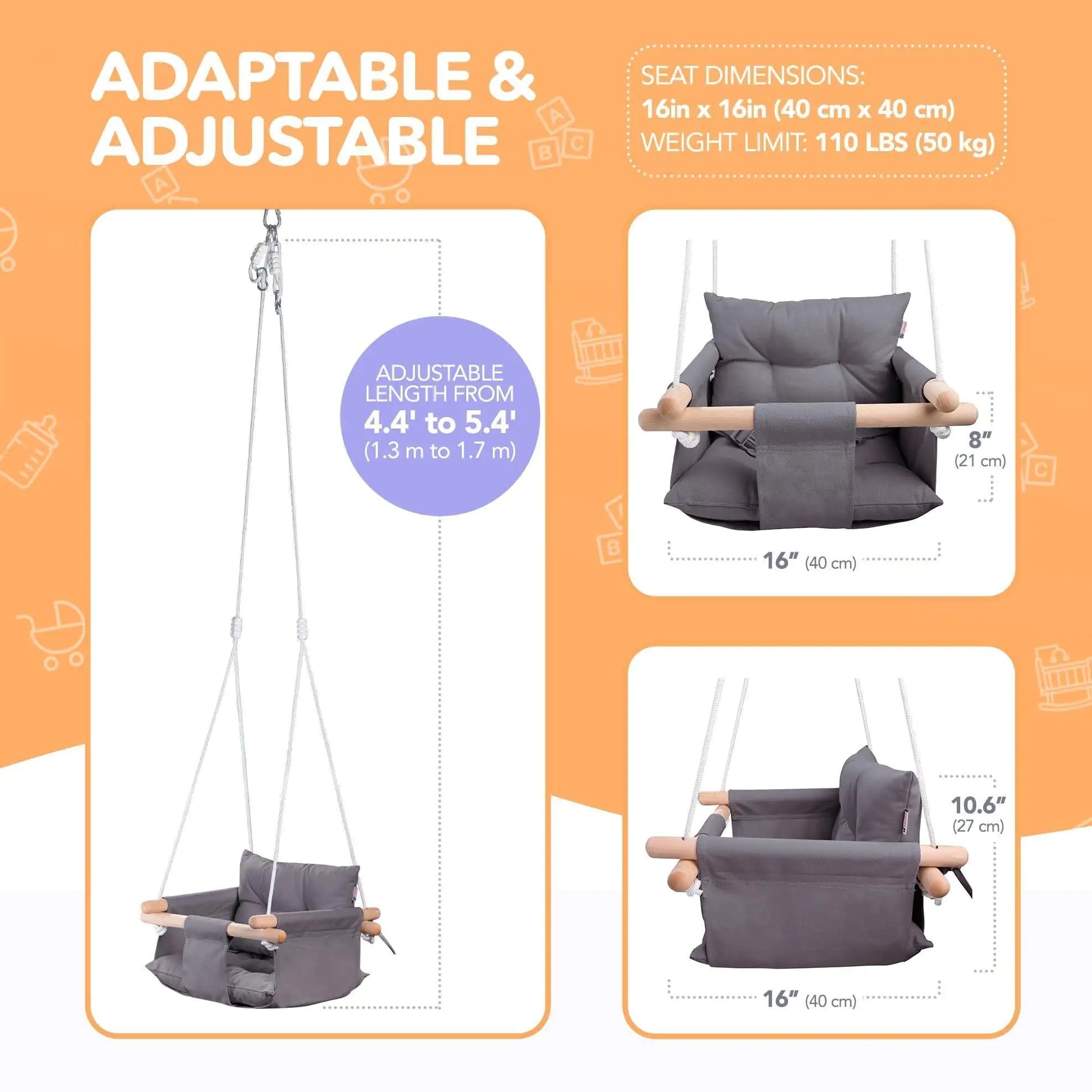 Dark Gray Canvas Baby Swing Wooden Hanging Swing Seat Chair with Safety Belt Durable Baby Swing Chair Outdoor and Indoor Swing for Kids Mounting Hardware Included Dark Gray