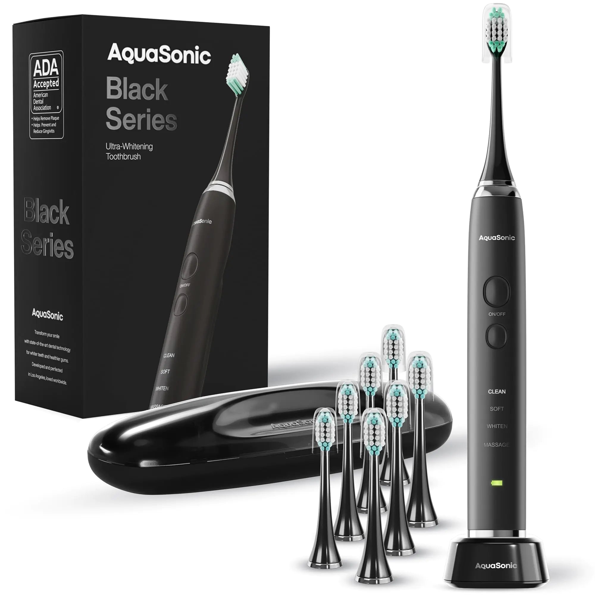 Aquasonic Black Series Ultra Aufheller Elektrische Zahnbürste - ADA Akzeptiert - 8 Bürstenköpfe & Reiseetui - Kabelloses Laden - 4 Modi mit Smart Timer