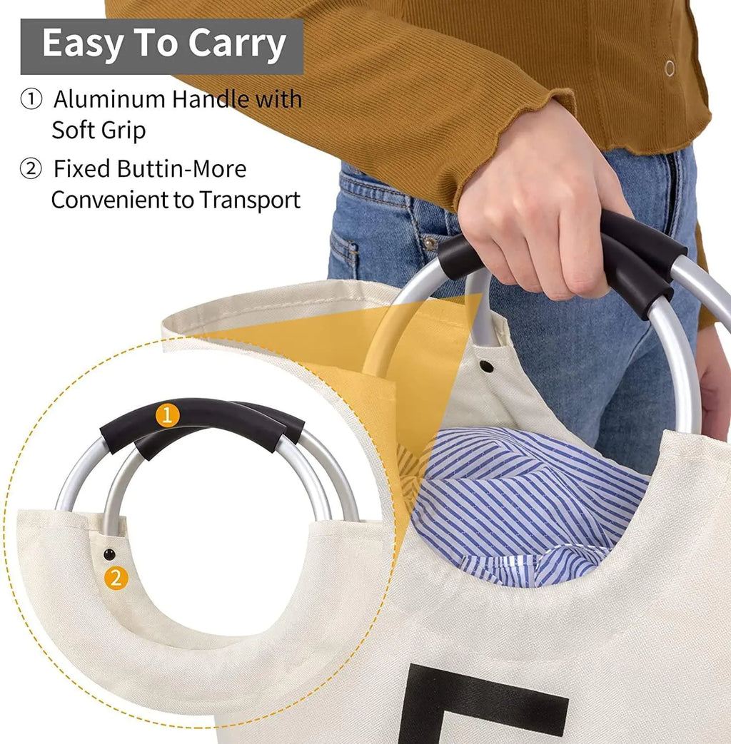 82L Large Laundry Basket Beige Collapsible Hamper with Handles Double Layer Waterproof Fabric Dirty Clothes Basket Foldable Freestanding Bin Laundry Hamper for Dorm Bathroom & Bedroom