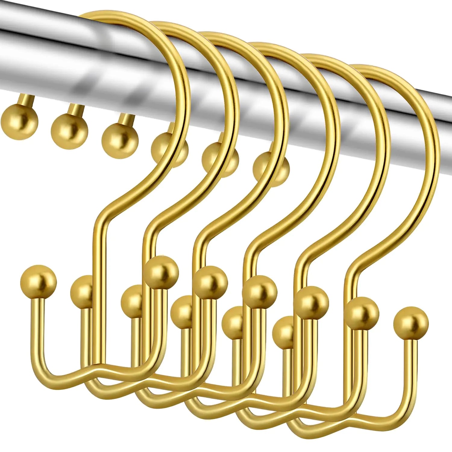 CHICTIE Gold Shower Curtain Hooks Double Shower Curtain Rings Stainless Steel Shower Curtain Hooks Rings Rust Proof Anti-Drop Shower Hooks Hangers for Shower Curtain Rods Bathroom (12 Pack)