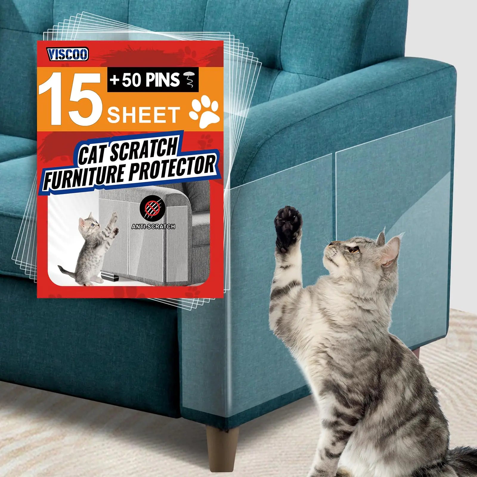 VISCOO Anti Cat Scratch Furniture Protector15Pack Cat Couch ProtectorTransparent Self-Adhesive Cat Tape for Furniture with Twist Pins Cat Scratch Resistant Furniture Protector (15P 14Inch+50 Pins)