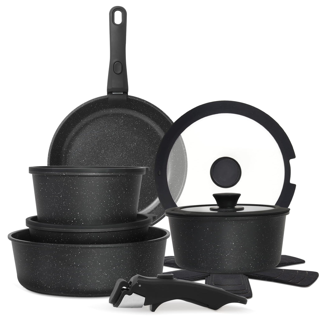 Cuisinluv 15PCS Pots and Pans Set Non Stick Kitchen Cookware Sets with Detachable Handle Ceramic Cookware Sets Non Stick RV Cookware Cooking Set Dishwasher ＆ Oven Safe PFOA Free Black