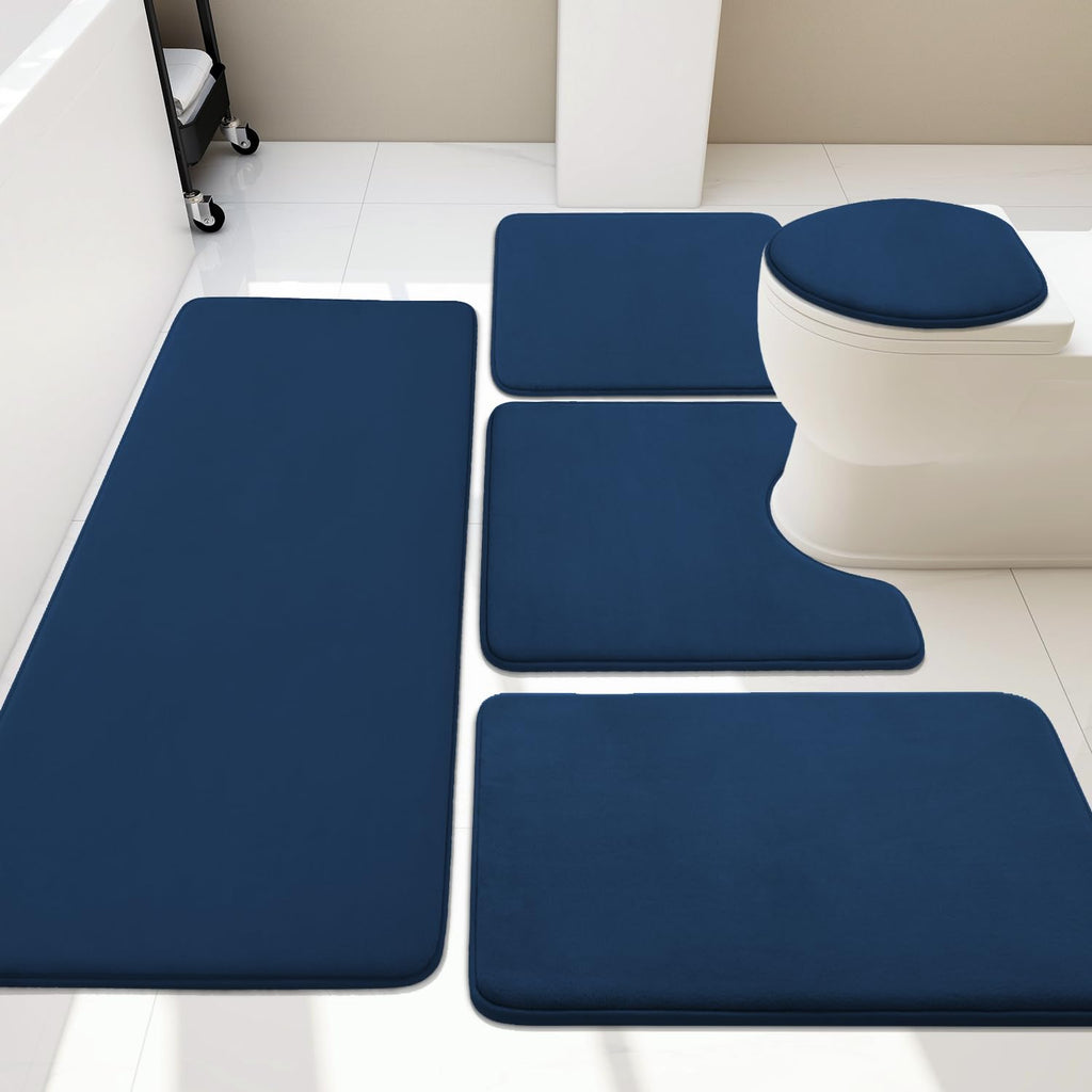 YIHOUSE Bathroom Rug Set 5 Piece Memory Foam Bath Mat Set Super Absorbent Bath Mats for Bathroom - Non-Slip & Washable Bathroom Rugs - Dry Quickly Bath Rugs Dark Blue Bathroom Rug Set