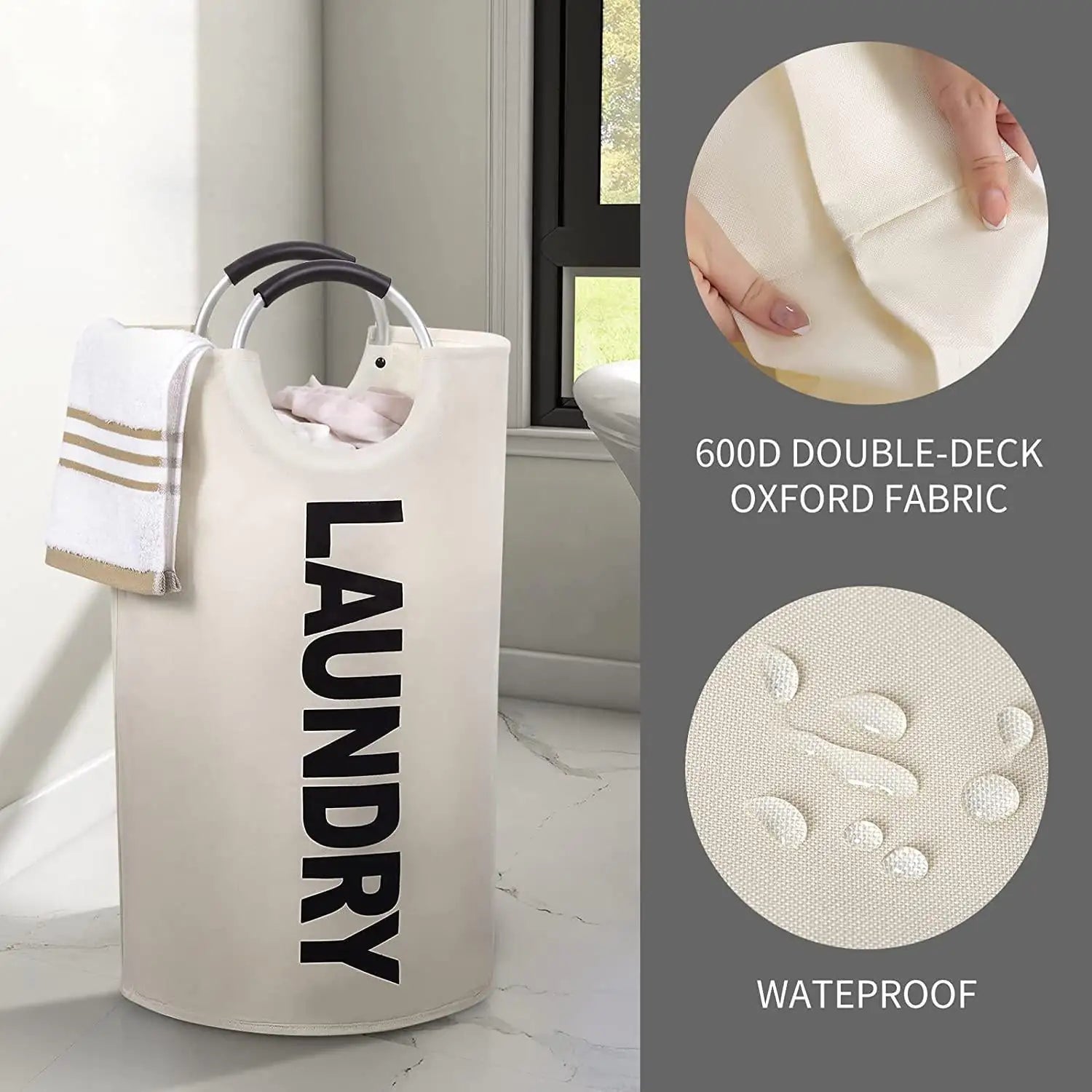 82L Large Laundry Basket Beige Collapsible Hamper with Handles Double Layer Waterproof Fabric Dirty Clothes Basket Foldable Freestanding Bin Laundry Hamper for Dorm Bathroom & Bedroom
