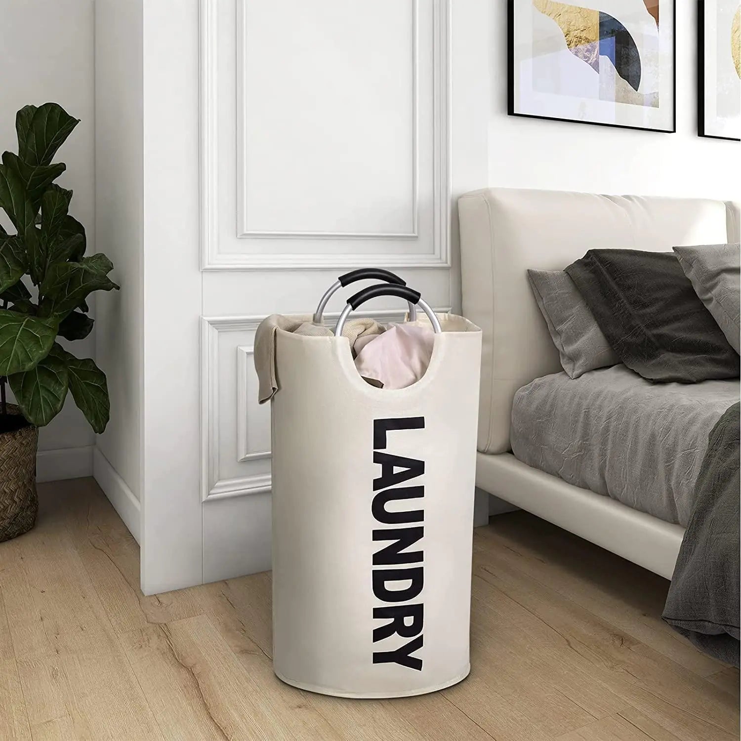 82L Large Laundry Basket Beige Collapsible Hamper with Handles Double Layer Waterproof Fabric Dirty Clothes Basket Foldable Freestanding Bin Laundry Hamper for Dorm Bathroom & Bedroom